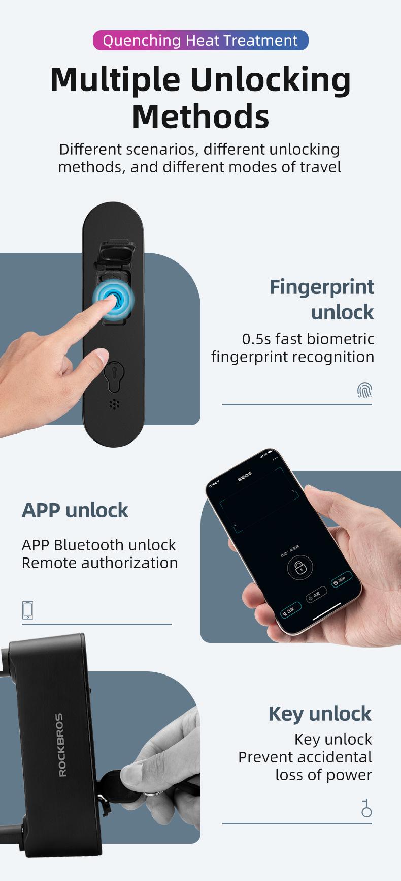 ROCKBROS Smart Bike U Lock with Fingerprint and App Control Waterproof