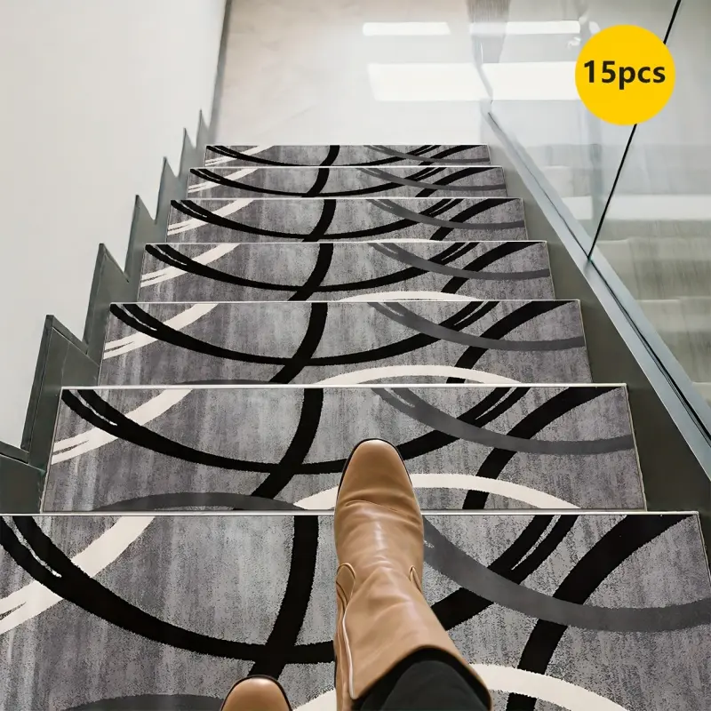 15pcs Non-Slip Polyester-Rubber Stair Treads, Modern Curved Black Rectangular Indoor Aesthetic Neutral Abstract Geometric Stair Pads, Machine-Washable Easy-Install Carpets for Contemporary Home Decor & Offices, Non Skid Mats