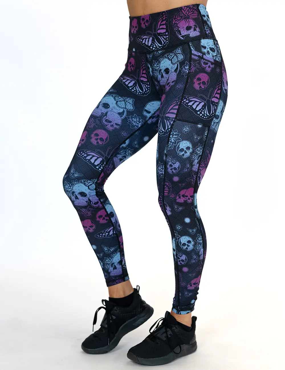 C V G Pretty Deadly Women's Leggings High Waist Skull & Butterfly Print Athletic Bottoms with Side Pockets for Casual & Dynamic Training