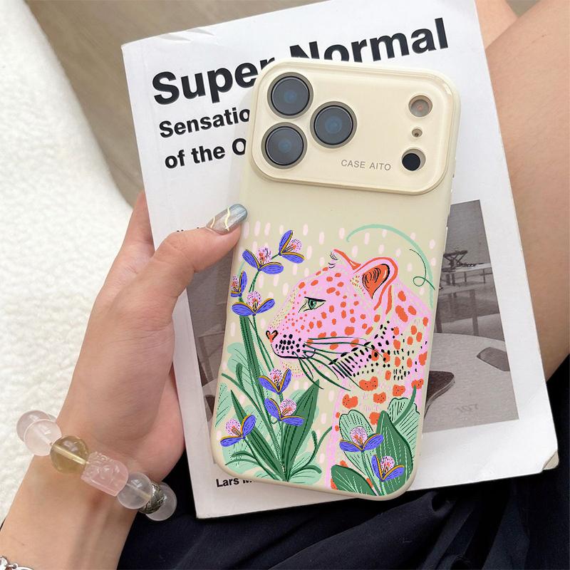 Pink Leopard Art Case for iPhone 17 Pro Max 17Air 17 16E 16 15 14 13 12, Ultra Skin-Friendly TPU, All-Inclusive Glass Lens Protection, Aesthetic Leopard Print Gift, Dopamine Ins Style Solid Color Cover, Shockproof Slim Case, Lens Window Design