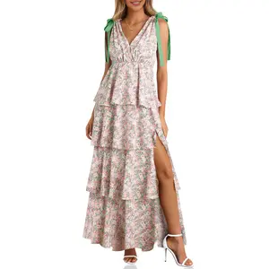 Wenrine Women’s Summer Floral Maxi Dress Tie Strap Sleeveless V Neck High Slit Boho Ruffle Tiered Beach Dresses
