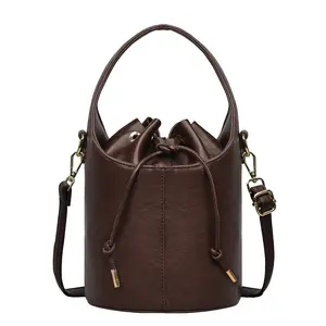 Faux Leather Bucket Bag - Drawstring Closure Crossbody Handbag with Top Handle & Detachable Shoulder Strap | Premium PU Leather, Structured Cylinder Shape | Trendy Minimalist, Modern Chic, Office & Evening Aesthetic