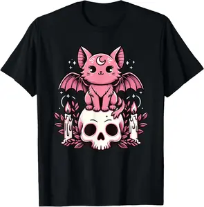 Kawaii Pastel Goth Cute Creepy Cat Bat Skeleton Men Women Summer Casual Shortsleeve Cotton T-Shirt Streetwear Tshirt