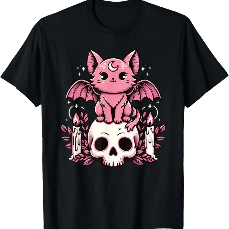 Men's 100% Cotton Soft Round Neck Short-Sleeve Graphic Top - Kawaii Pastel Goth Alt Clothes with Cute Creepy Cat, Bat, Skeleton Designs for Alt Streetwear, All Seasons Spooky Casual Menswear