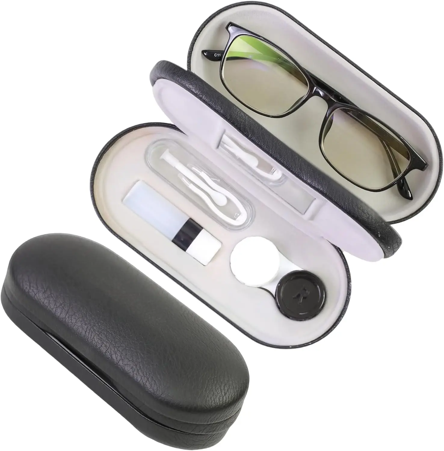 2 in 1 Contact Lens and Glasses Case Double Sided Portable Eyeglasses Case Portable Travel Kit with Tweezer, Remover and Solution Bottle