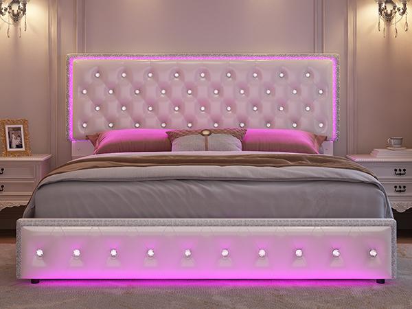 Sibeds Queen Size Bed Frame with Storage Shelf, Storage Drawers and LED Lights, Upholstered Platform Bed with Adjustable Headboard and PU Velvet, No Box Spring Needed, Noise-Free, Easy Assembly