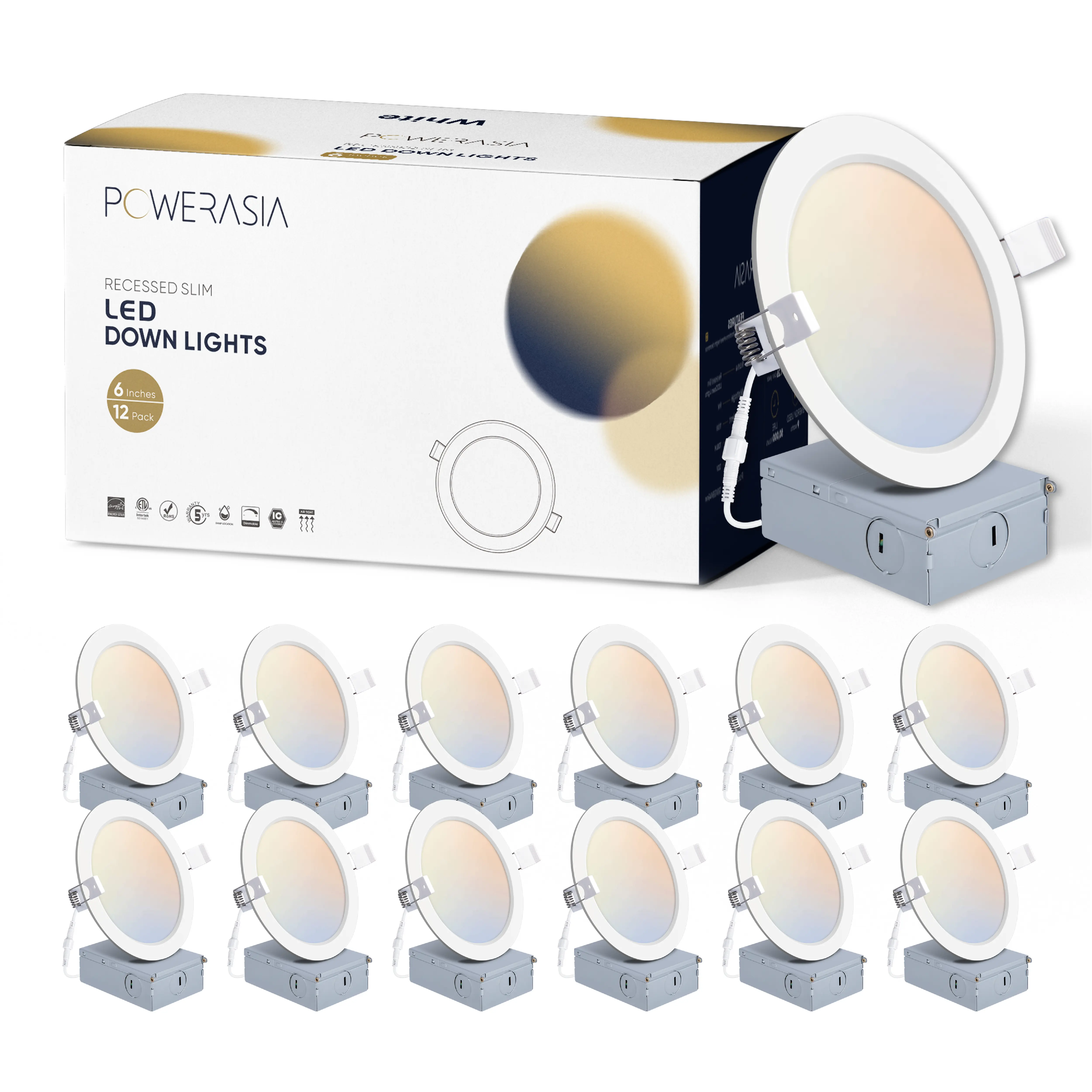 POWERASIA 12-Pack 6in Ultra-Thin LED Recessed Ceiling Medusalamp - 5CCT Dimmable Downlight Panel Pin Light, 1200lm 15w Power, Adjustable Lighting, Wet-Area Ready Indoor Decorative Light for Bedroom, Living Room