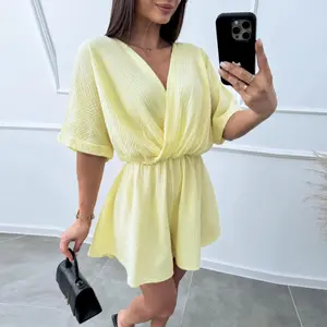 Joyfunear Women's V-Neck cotton Casual Vacation Romper Short Sleeve Romper, Elegant Vacation & Daily Wear Jumpsuit