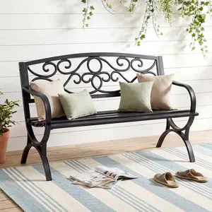 Outdoor Garden Bench, Iron Metal Frame Patio Park Bench with Floral Pattern Backrest, Arch Legs