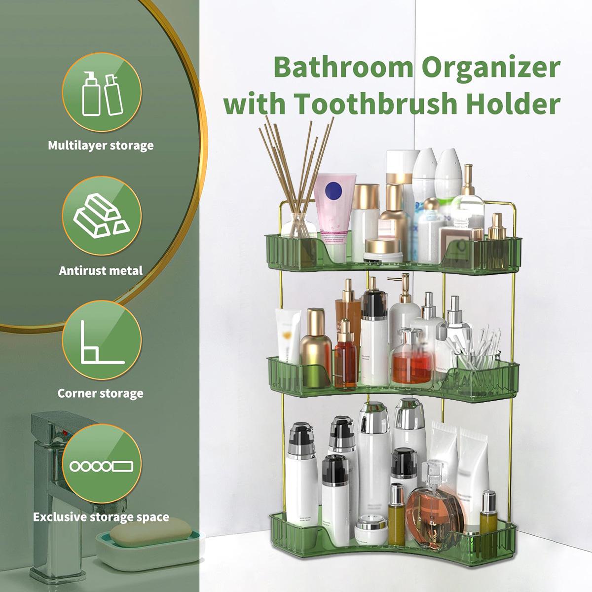 3 -layer cornering bathroom counter storage rack, table perfume tray and dressing table storage rack, cosmetics storage rack, bathroom, dressing table, kitchen corner storage rack (green)