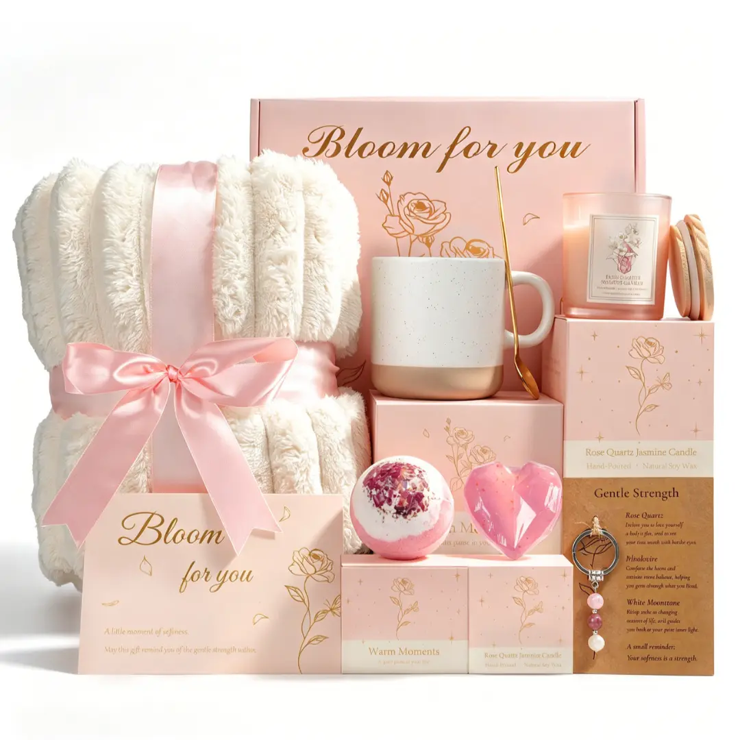 Women's Self-Care Gift Basket with Blanket, Pink SPA Relaxation Gift Box, All-Occasion Set for Mom Birthday, GF, Anniversary Gifting (Bestie, Sister, Daughter Included), Gift Pack Set