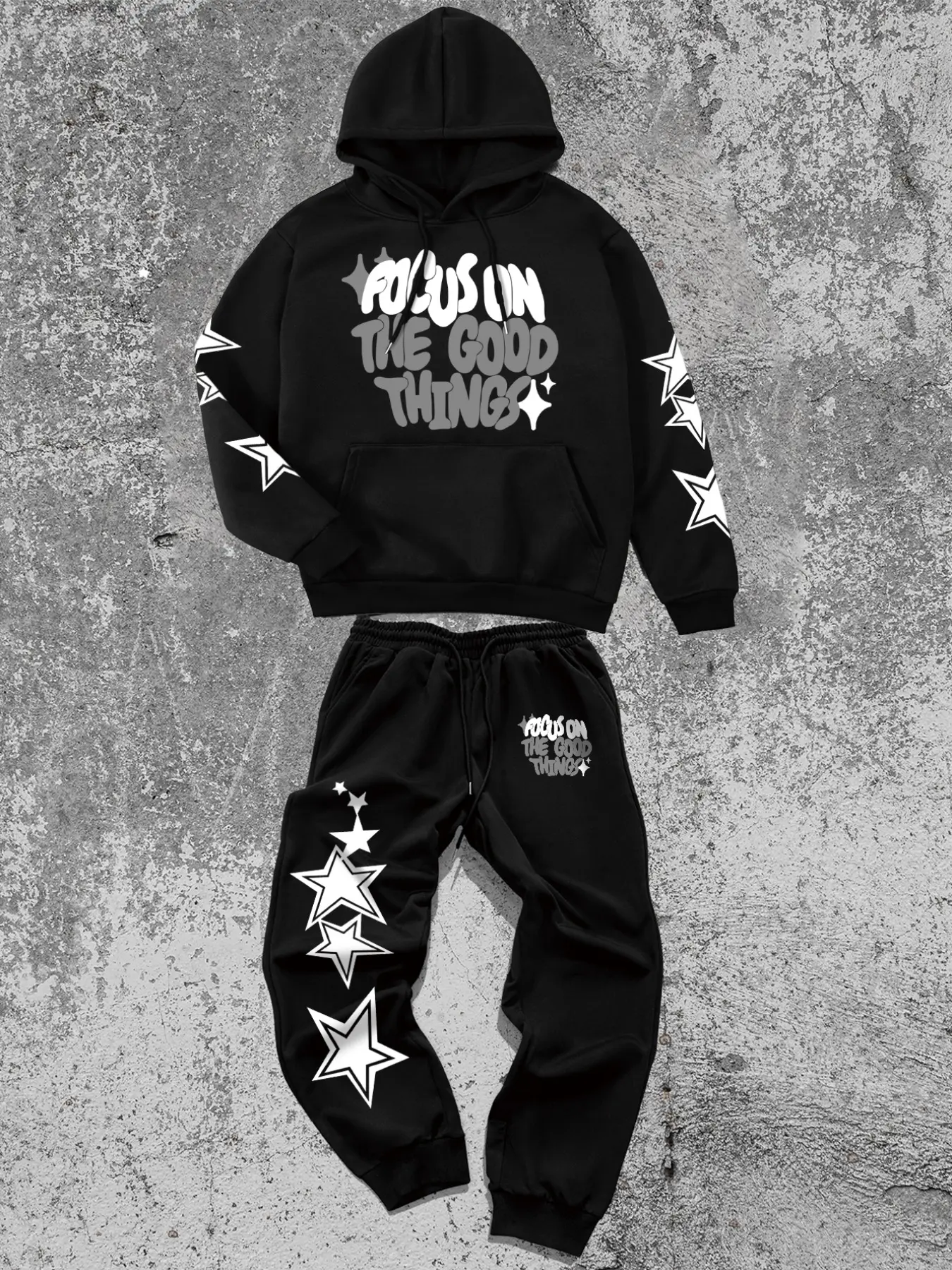 Men's Fall Winter 2-Piece Set Thick American Style Star Letter Print Hoodie + Star Pattern Pants, Two Piece Set Long Sleeve Fitted Streetwear Menswear Fashion Clothes Sweatsuit Set Hooded Sweatshirt Set