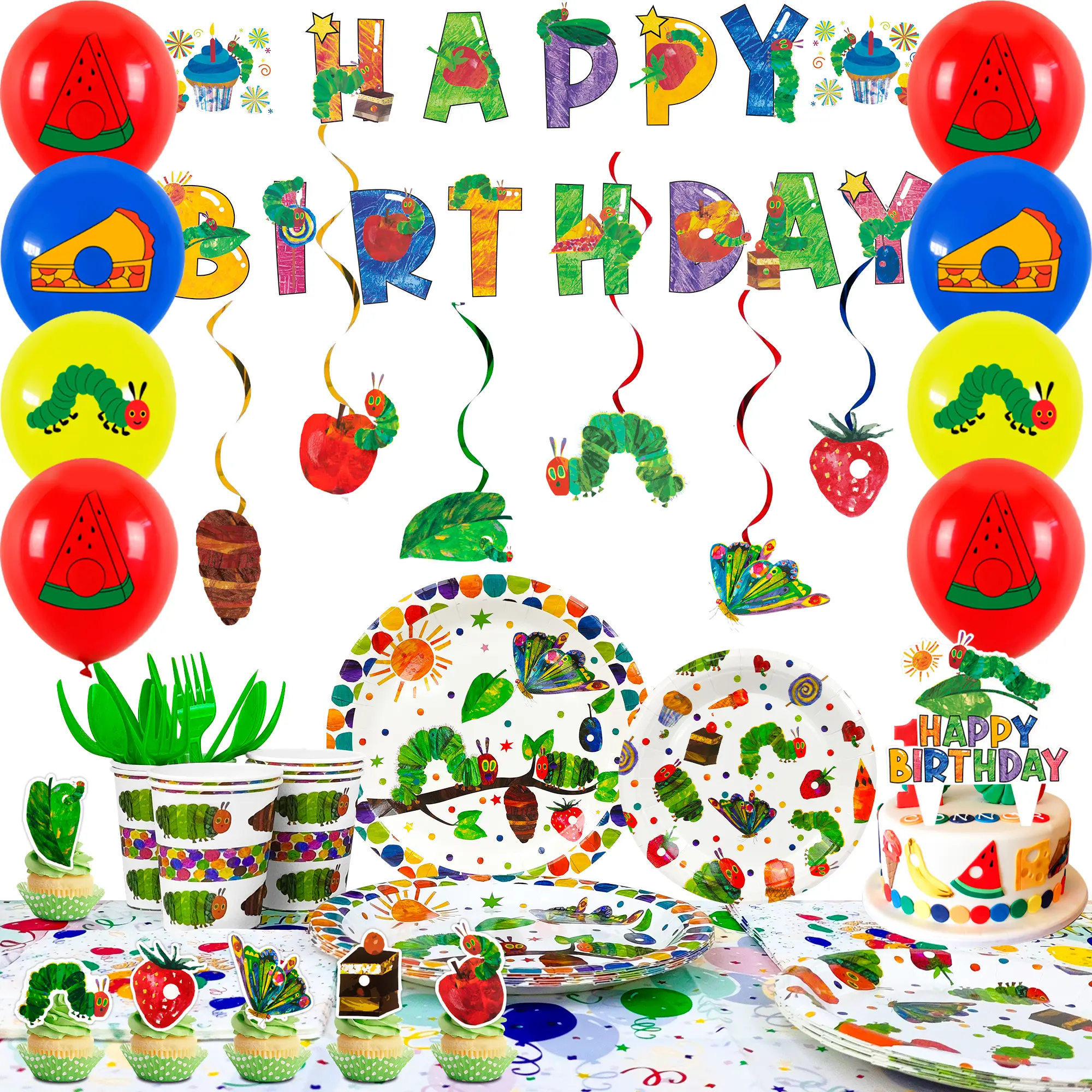 Hungry Caterpillar Party ballon Supplies,117pcs Hungry Caterpillar Birthday Decorations & Tableware Set- Hungry Caterpillar Party Plates Tablecloth Banner Balloon etc Hungry Caterpillar Decorations