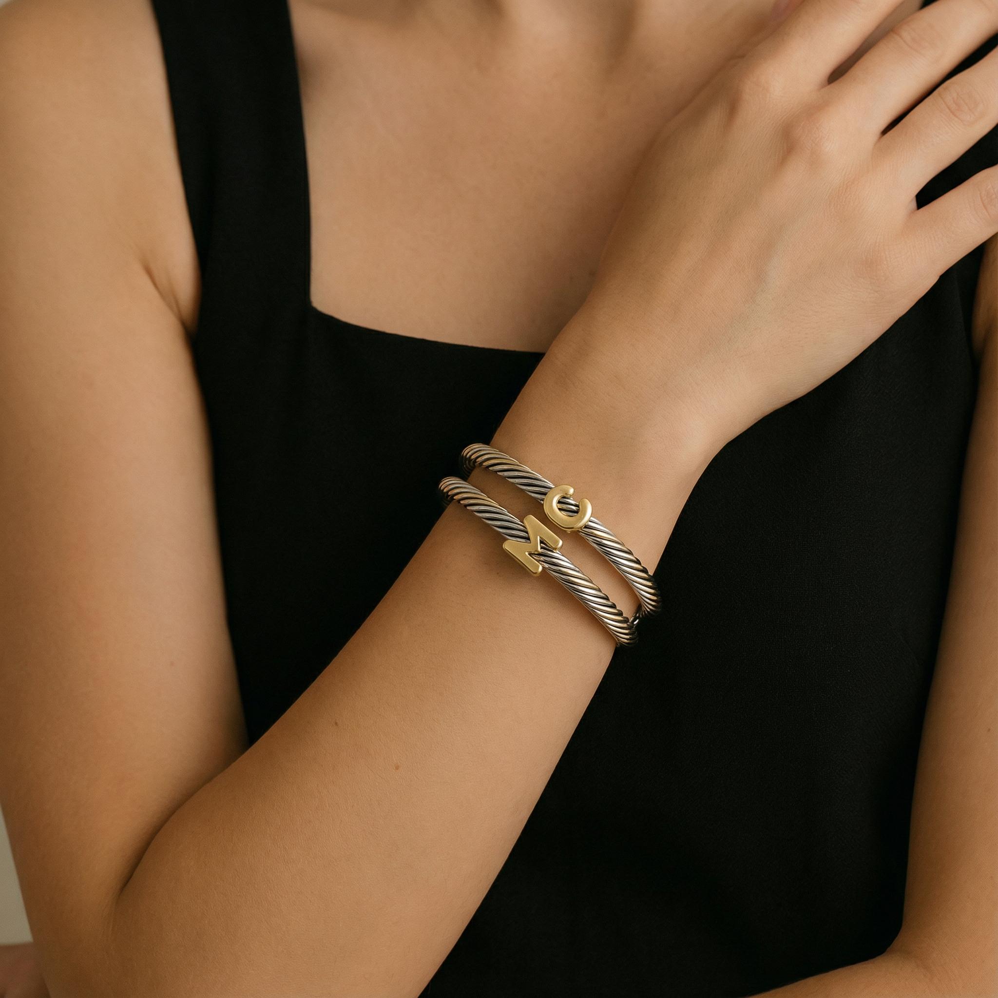 Aprilery Initial Personalized Customization DIY A-Z Letter Cable Cuff Jewelry – Personalized Gift for Women Teen Kids, Two-Tone Open Bangle Bracelet