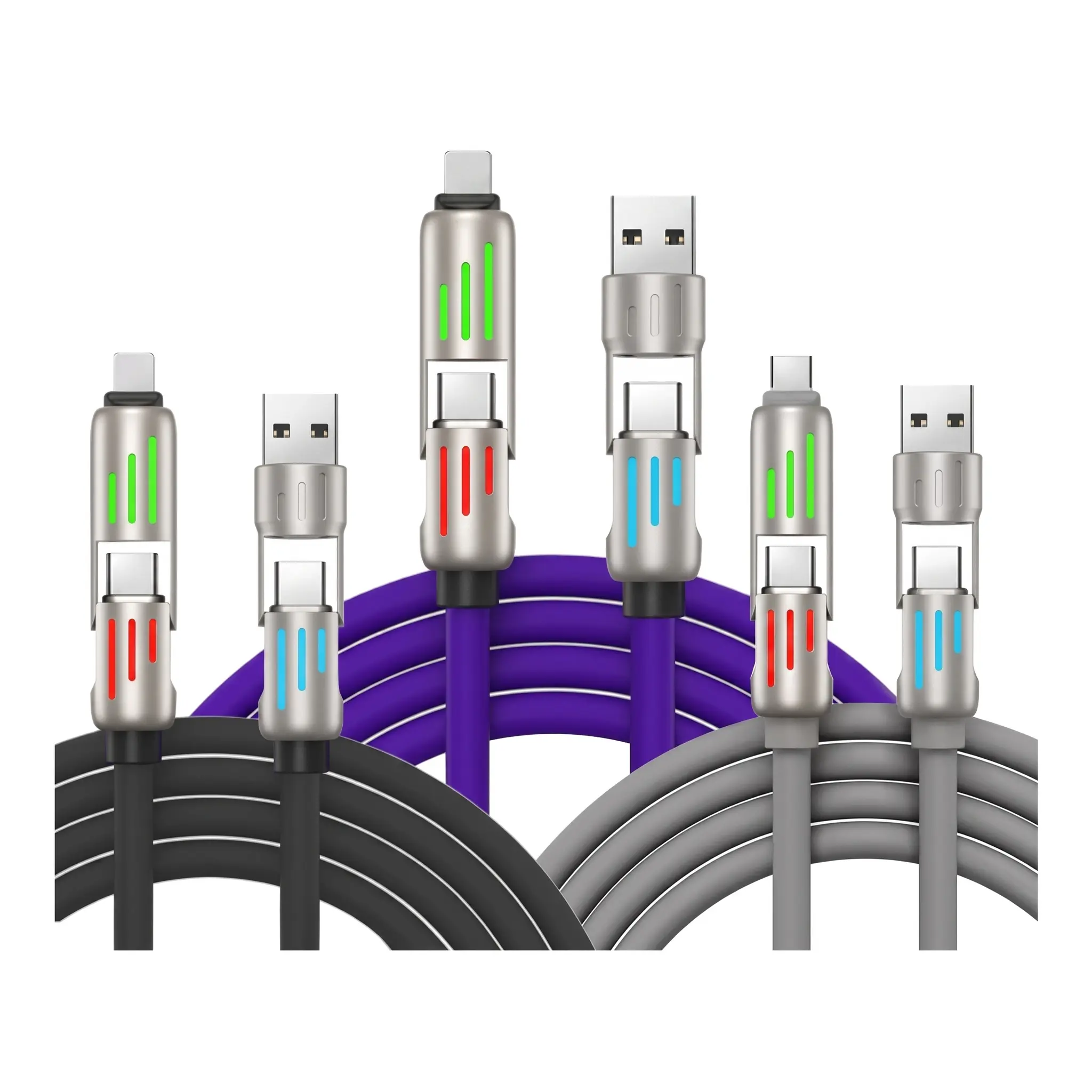 3 Pack 6.6FT Multi 4 in 1 USB Charging Cable, Zinc Alloy Light Up Fast Charging Cord Compatible with iPhone Type C Micro USB, Buy 1 Get 2 Free Universal Phone Charger Cable