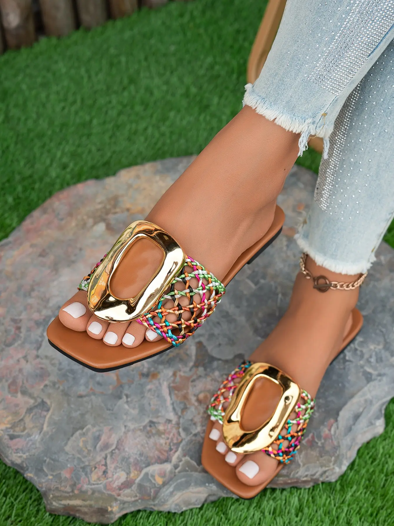 2026 new model, colorful, flat sandals, Flats Sandals, Daily Wear Sandals, metal buckle decorations, woven, square-headed, one-strap, flat-bottom sandals, Slip-resistant, abrasion-resistant, soft-bottomed sandals, Summer Flat Sandals Rubber