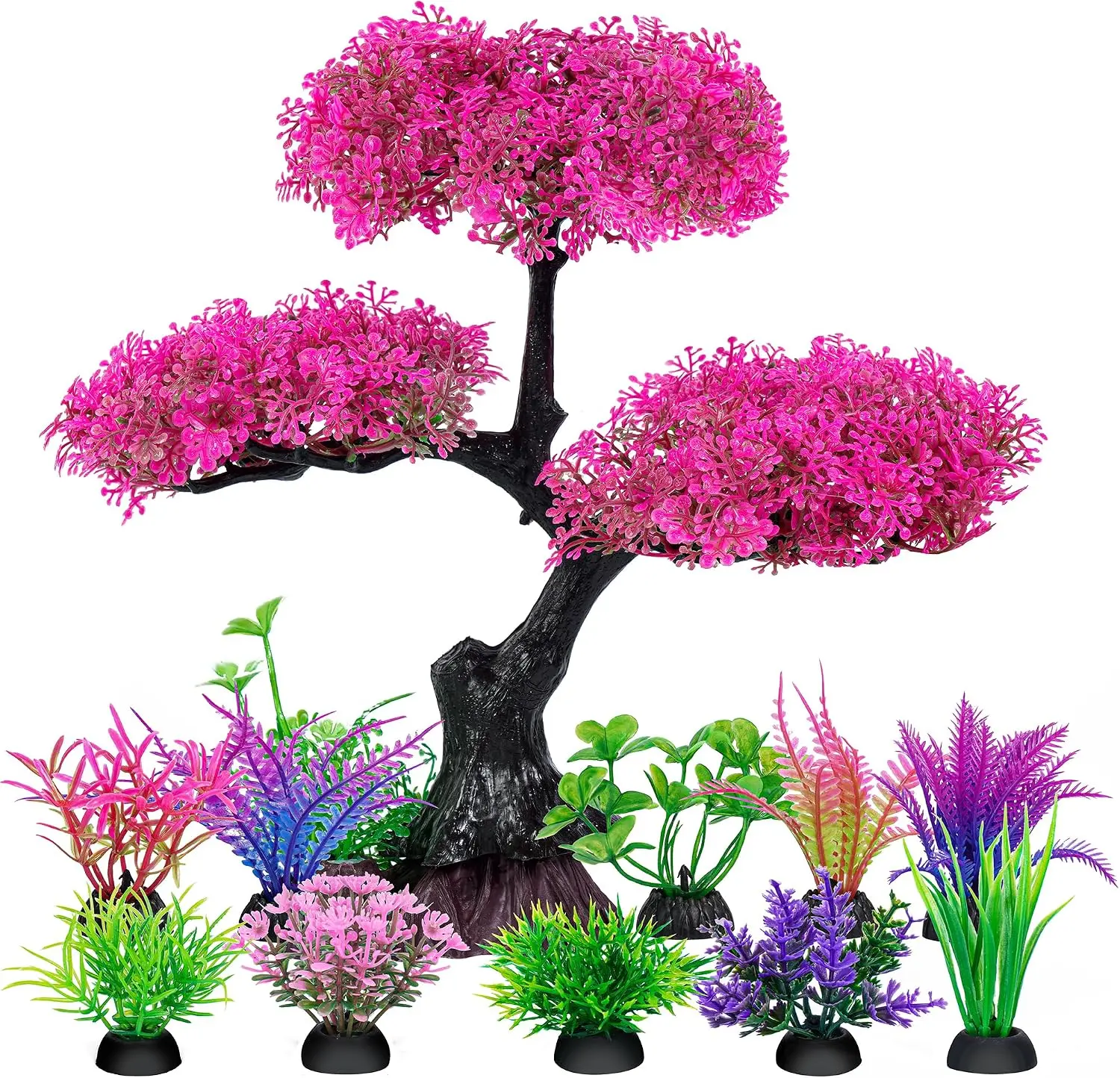Aquarium Artificial Plastic Plants Decoration, Pink Cherry Blossom Tree Aquarium Decor Set, Goldfish Betta Fish Tank Decorations Hides Accessories