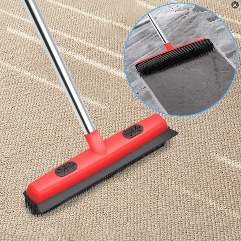 Professional Pet Hair Remover Broom - Rubber Carpet Rake with Squeegee Edge for Dog & Cat Hair