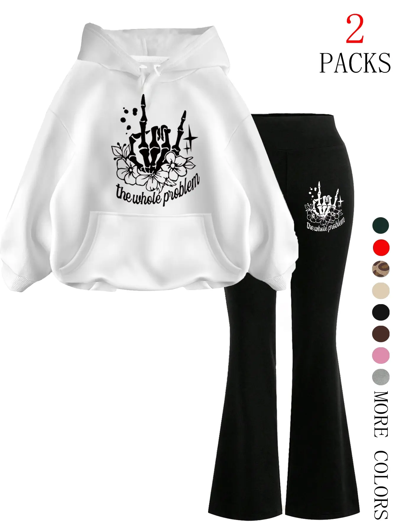 Women's Hooded Sweatshirt Set, Two Pieces Sets, Long Sleeve, Tops, Pants, Flared, Long Regular Fit, Halloween Skull Flower Print, Casual Street Style, Fall & Winter, Youth Fashion, Graphics, Oversize, Clothes