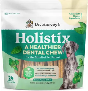 Dr. Harvey's Holistix Dental Chews for Dogs - Dog Teeth Cleaning & Fresh Breath Treats, Sweet Potato Mint (24 Sticks)