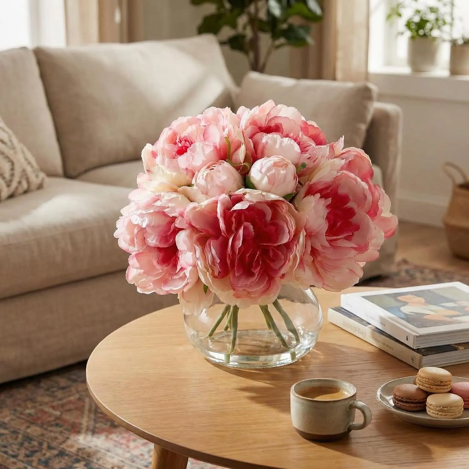 GAOMON Decorative Artificial Pink Flower Arrangement - Silk Peony Bouquet with Vase and Faux Water, Floral Arrangement Centerpiece, Gift for Home Living Room Decor, Glass, Realistic
