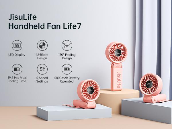 JISULIFE Portable Folded Fan 5000mAh 5 Gears Strong Wind 19.5H Cooling 3-IN-1 Hand Desk Neck Fan for Travel Concert Summer Essentials