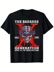 Retro Gen X The Badass Generation Graphic T-Shirt - Vintage Skull with American Flag & Crossed Design, 1980-1985 Born to Be Badass Slogan, 100% Relaxed Fit Unisex Tee, S-XXXL, Comfortable & Machine Washable - Perfect for Casual Wear & a Unique Gift