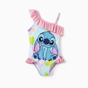 Disney Stitch Girls One Piece Swimsuit - Hawaiian Floral Ruffle Bathing Suit, Quick Dry Sun Protective Swimwear