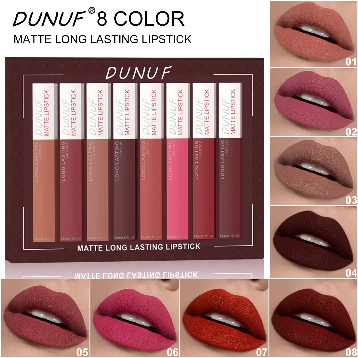 DUNUF 8PCS Long Lasting Matte Lip Gloss Set ✨ Velvet Matte Finish Multi-color Lip Makeup Essential Matte Lipstick Lip Products Makeup