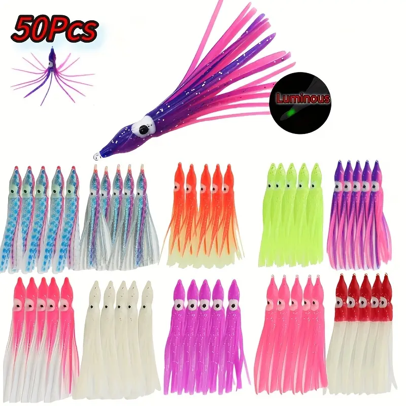 50-Pack Glow in the Dark Luminous Squid Soft Baits Fishing Equipment - UV-Activated Night Fishing Lures, TPR Bite-Resistant Material, 3.54in, for All Water Types, Targets Key Species (Tuna, Mackerel)