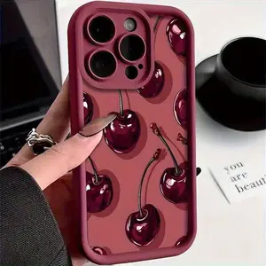 Sexy Wine Cherry Pattern Phone Case , Soft Silicone Tpu Protection and Shockproof For iPhone 17 16 15 Pro Max 14 16Pro 13 12 11 X Plus Air Mini Girl