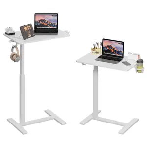 Gamork Mobile Standing Desk on Wheels, Gas Spring Adjustable Height Rolling Portable Laptop Desk, Small Sit Stand Desk with Cup Holder/Headphone Hook ,Laptop desk for bed or sofa