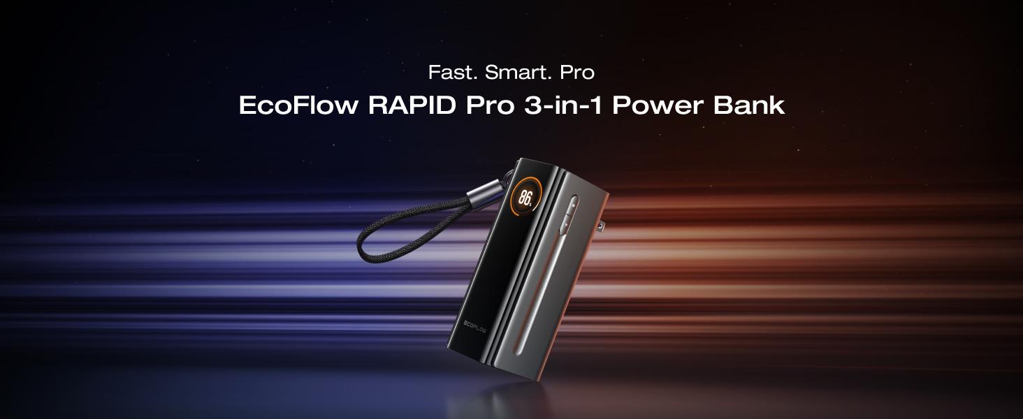 【Exclusive TikTok Gift】EcoFlow Rapid Pro 3-in-1 Power Bank, 10,000mAh Battery Pack with 67W Foldable AC Plug, Detachable USB-C Cable, 45W Fast Recharging, LCD Display, Compatible with Phones, Laptops, and More