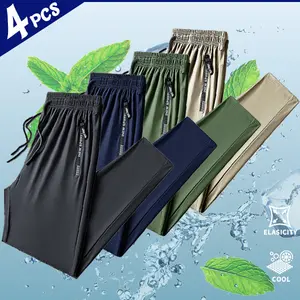 Summer | Ice Silk Jogger Pants | Four-Piece Set | Commuting / Leisure Walks / Sports | Drapey, Breathable Fabric | Unlined | Comfortable Casual Fit Outdoor Cargo Ankle Tapered Dress Wide-Leg Pleated Men's