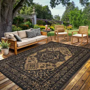 Large Outdoor Rug Vintage Floral Print Patio Rug Double-Sided Reversible Plastic Straw Mat Foldable and Portable for Gardens Backyards Balconies Picnics Beaches and RVs