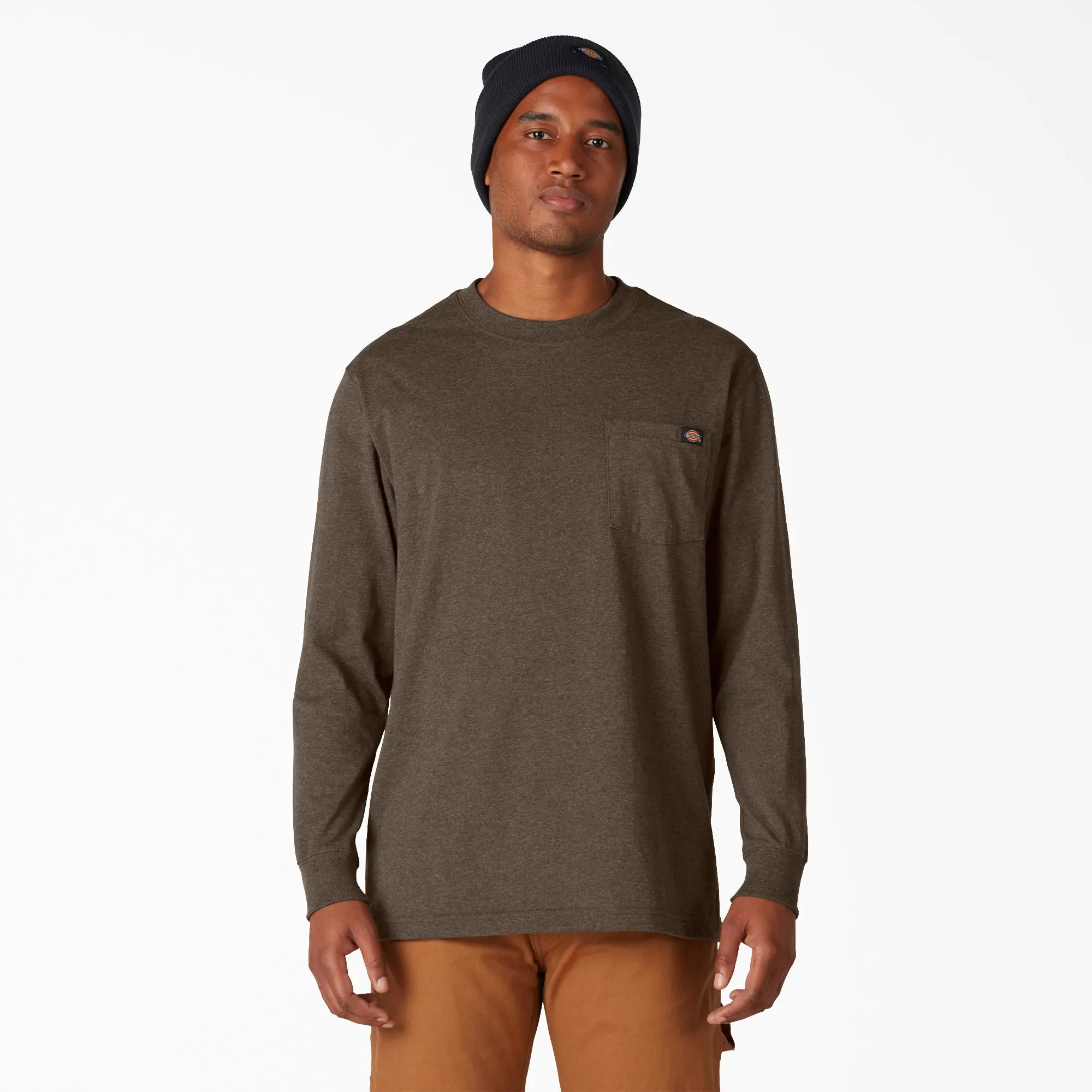 Dickies Heavyweight Heathered Long Sleeve Pocket T-Shirt,Long Tail, Chest Pocket, Tagless Label, Reinforced Seams, Workwear Style