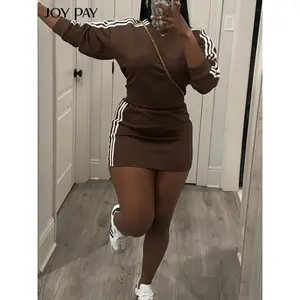 Women's Colorblock Sporty Dress Set, Sporty Style Outfits, Long Sleeve Top + Bodycon Short Skirt, Street Style Baddie Look, Casual Fashion