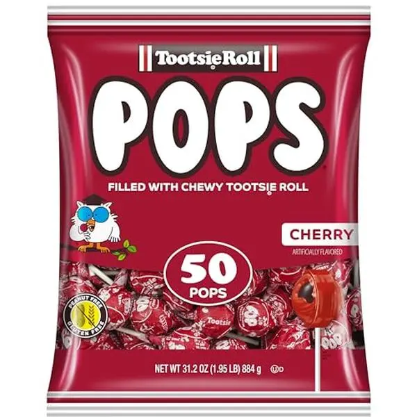 Tootsie Pops Single Flavor Bag - Cherry Flavored Lollipops with Chocolatey Center - Individually Wrapped Hard Candy - Red Candy - Peanut Free, Gluten Free, 50 Count (Pack of 1)