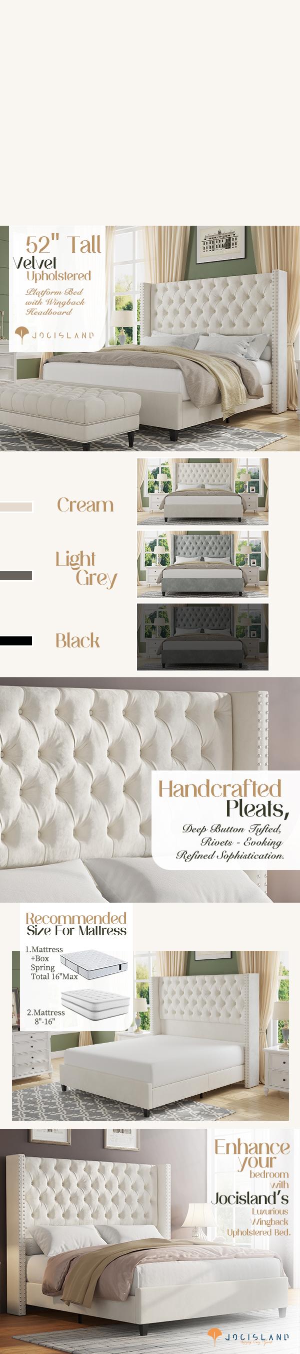 AMERLIFE Bed Frame Velvet Upholstered Platform Bed with 51.6" Tall Wingback Headboard Deep Button Tufted, No Box Spring Needed/Christmas Gift