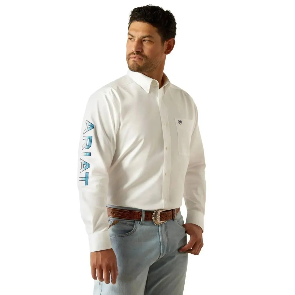 Ariat Men's Team Logo Twill White & Teal Long Sleeve Shirt
