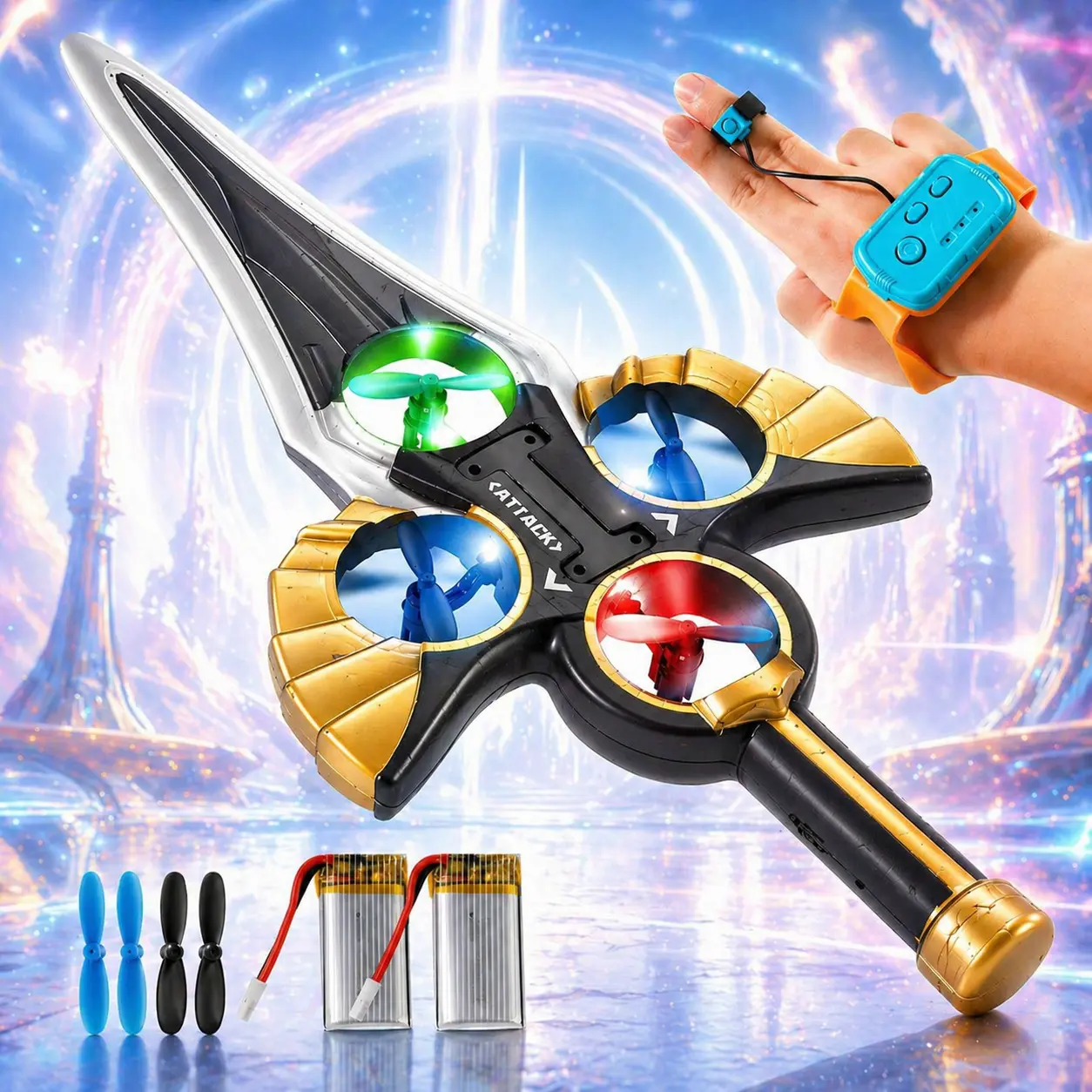 Flying Sword Drone Kids Toy with Wrist Controller, Spare Batteries, LED Lights, Instant Play Setup for Indoor or Outdoor Use