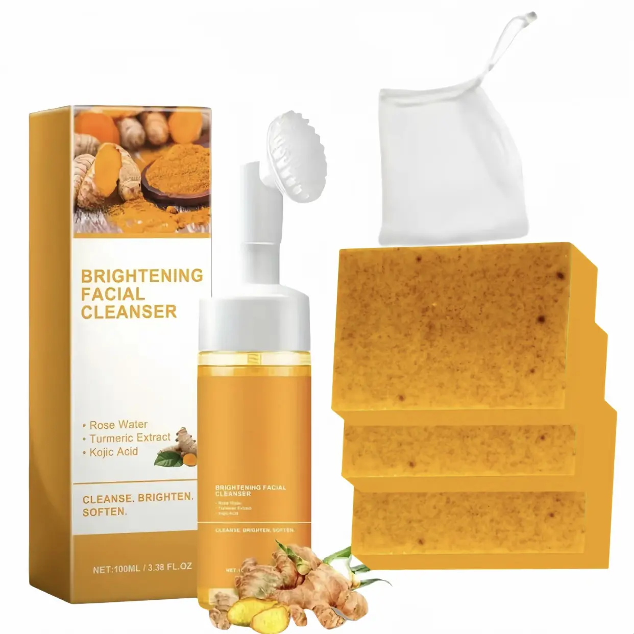 【Mother's Day Gift】Kojic Acid Turmeric Cleanser Multi-Pack - Turmeric Cleansing Mousse, Lemon Soap, Skin Repair Face Care Products for Adult Brightening Facial Wash Routine