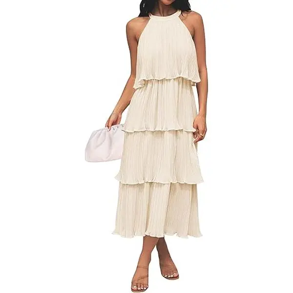 ZESICA Women's 2025 Summer Sleeveless Halter Neck Ruffle Tiered Layed Chiffon Flowy Swing Long Midi Dress