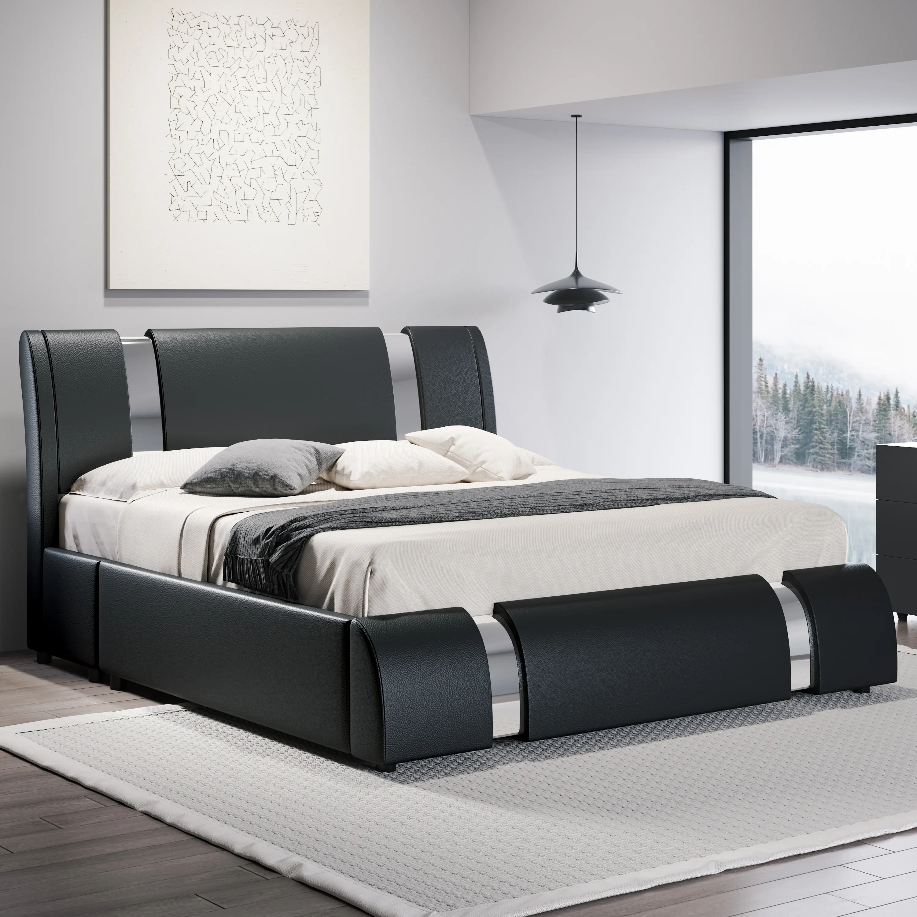 HOOMIC Modern Faux Leather Platform Bed Frame【Frame Only No Mattress】with Iron Pieces Decor,Low Profile Platform Bed with Height-adjustable Headboard,Solid Wood Slat Support,No Box Spring Needed,Queen/King Size#SummerVibes