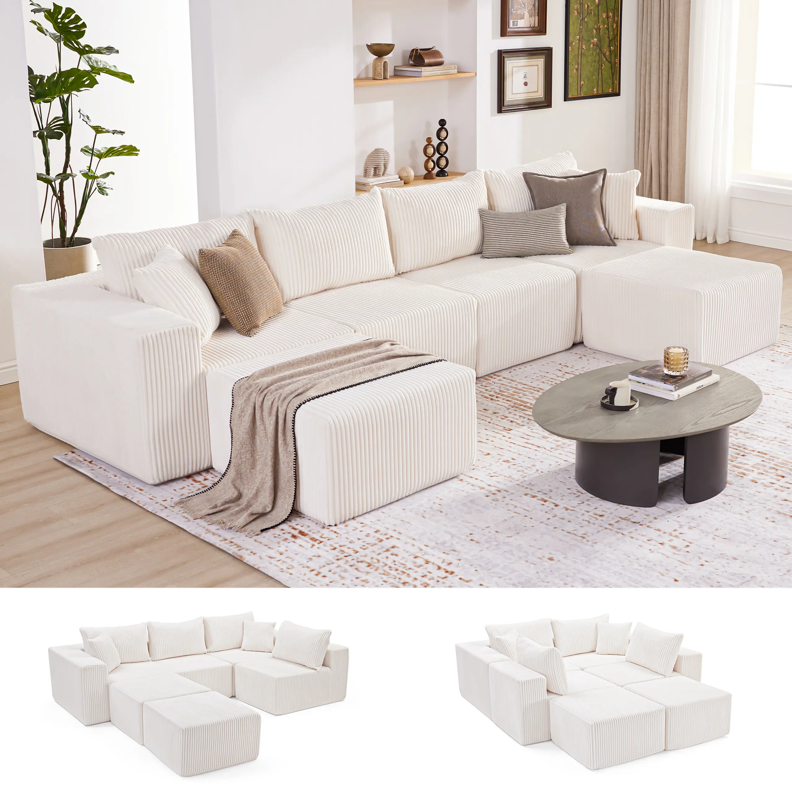 Beige-4Seats+2 Ottomans