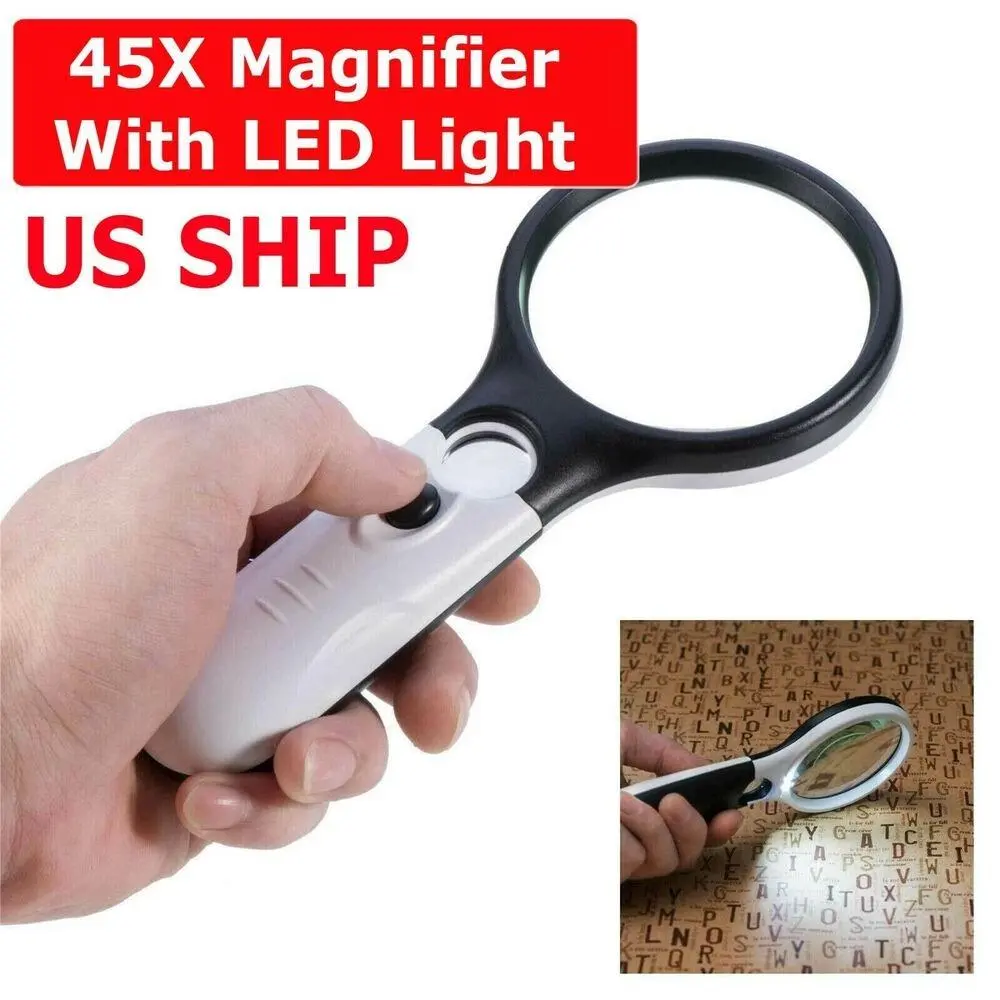45X Illuminated Handheld Magnifying Glass with 3 LED Bright View, 7cm Optical Glass Multiple Lenses, Lightweight for Seniors, Reading/Inspection, Home Supplies Party Gift
