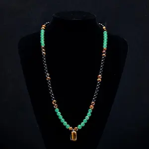 Wealth-attracting necklace with green agate and tiger eye pendant healing crystals, anniversary, vacation, and themed party jewelry charm, abundance crystal , long chain, sweater chain, ideal gift jewelry for both men and women money attraction