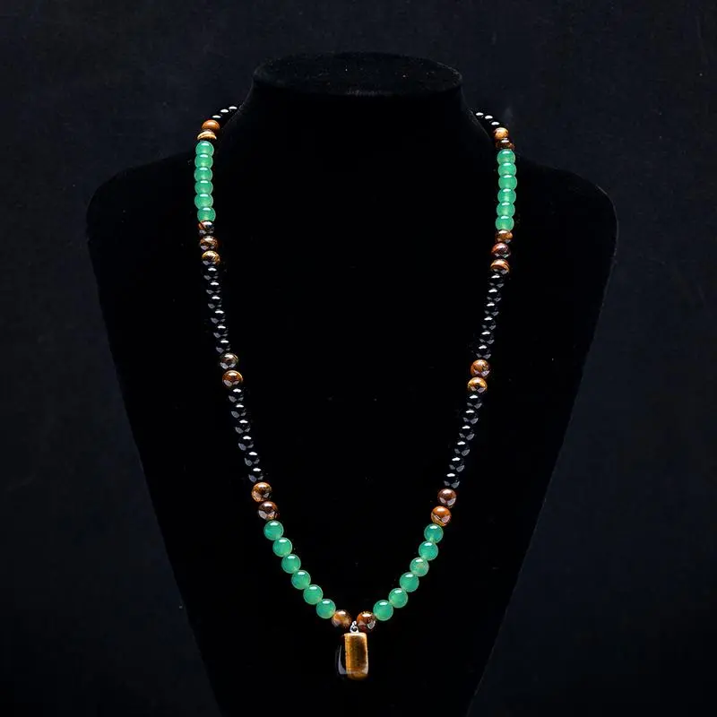 Wealth-attracting necklace with green agate and tiger eye pendant healing crystals, anniversary, vacation, and themed party jewelry charm, abundance crystal , long chain, sweater chain, ideal gift jewelry for both men and women money attraction