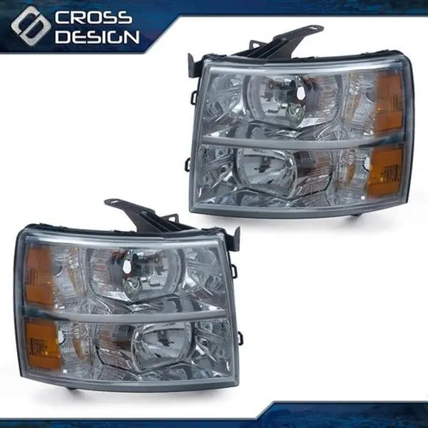 CROSSDESIGN Smoked Housing Reflective Corner Car Headlights - Pair of Automotive Replacement Lights for 2007-14 Chevrolet Silverado