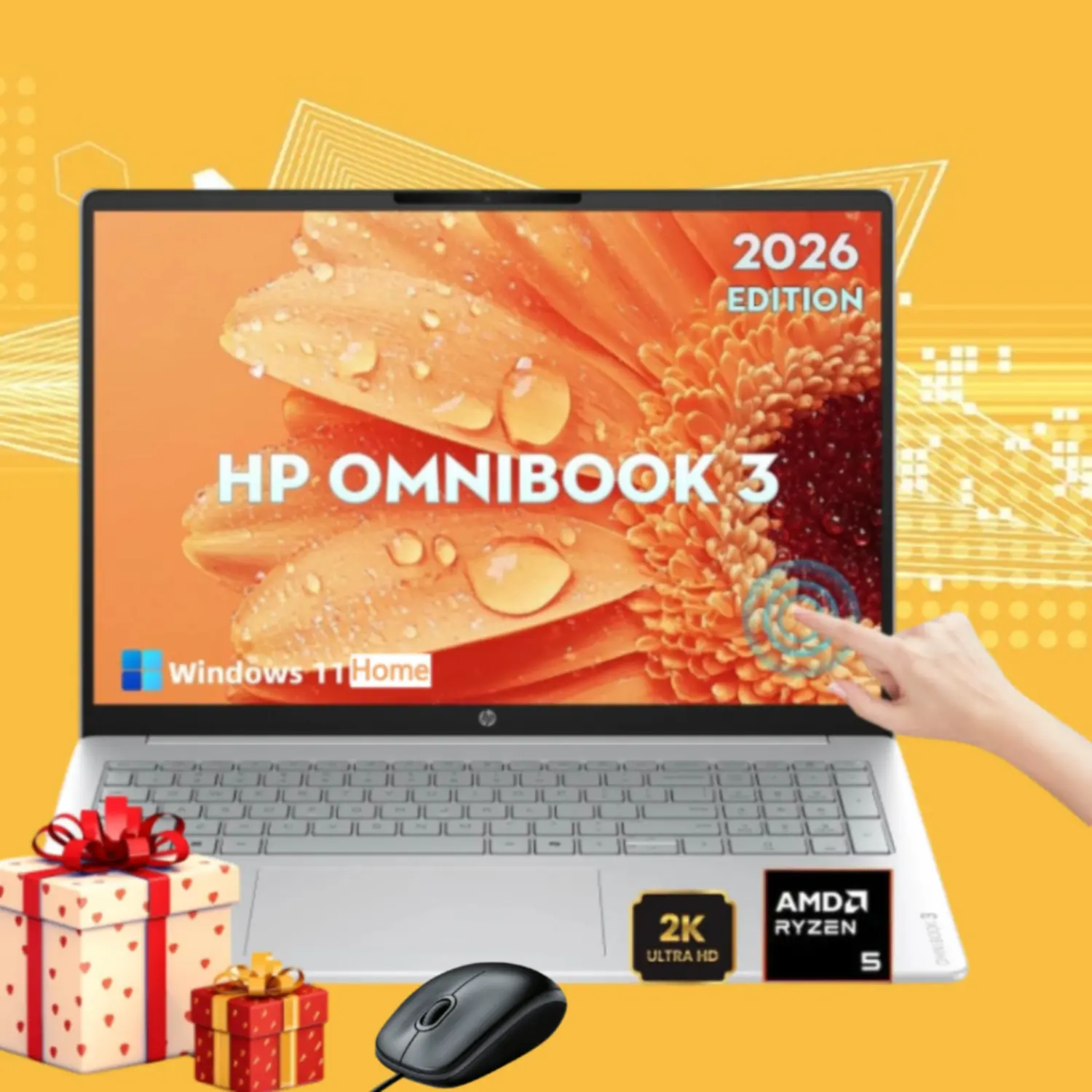 HP OmniBook d1523 2026 Edition 16'' 2K IPS Touchscreen Laptop - AMD Ryzen 5 40, Up to 8GB RAM, 512GB SSD, Radeon 610M Graphics, Built-in FHD Camera, Copilot AI, Windows 11 Home, for Business Users, Bundle Set Accessories, 2-in-1